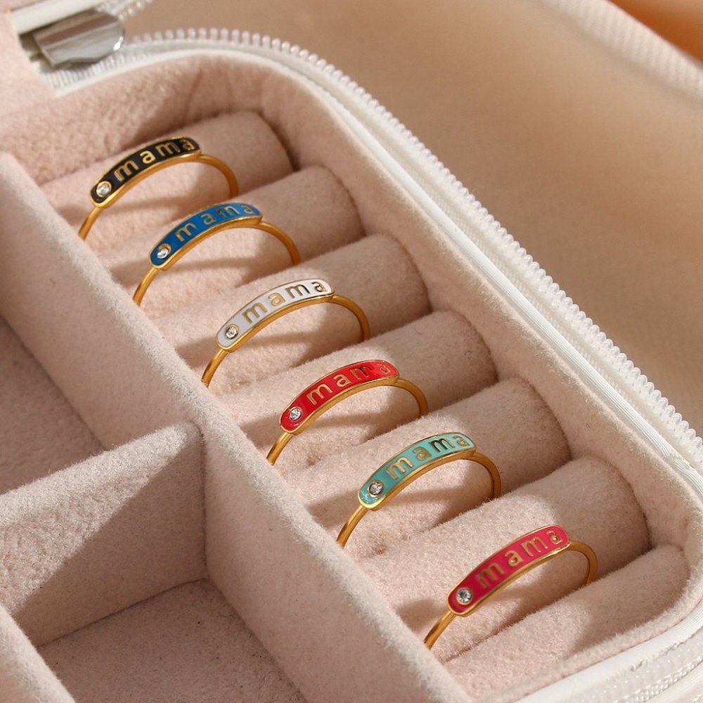 Black Enamel Mama Adjustable Zircon Stackable Ring 18K Gold Plated Stainless - Picture 4 of 7